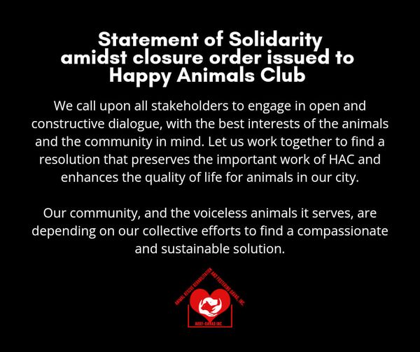 Statement of Solidarity for Happy Animals Club, amidst closure order

Date: Octo…